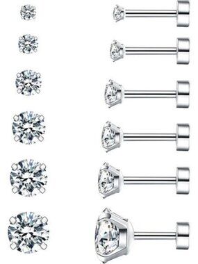 6 Pairs Hypoallergenic Cubic Zirconia Earrings Surgical Steel Flat Back Studs
